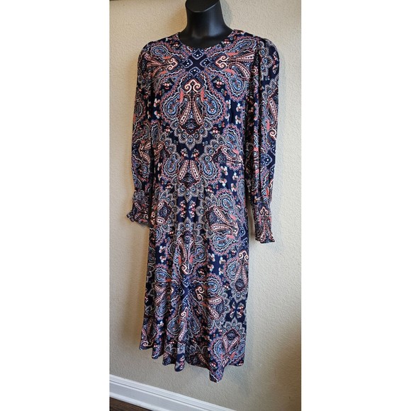 Boden Botanic Paisley Print Smocked Cuff Midi Dress, Navy/Multi, Plus Size 22R - Picture 5 of 7